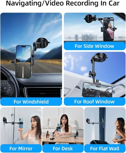 Miniatura 6 de Soporte para teléfono de automóvil para parabrisas y ventana, grabación de video, filmación de vlogging, multiángulo ajustable y giratorio y sin
