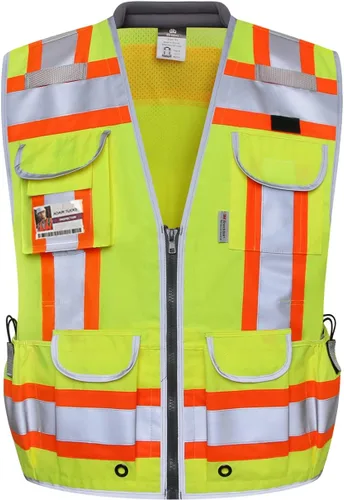 Miniatura 13 de Dib Safety - Chaleco reflectante amarillo de malla, chaleco de alta visibilidad con bolsillos y cremallera, ANSI clase 2 de servicio pesado, hecho