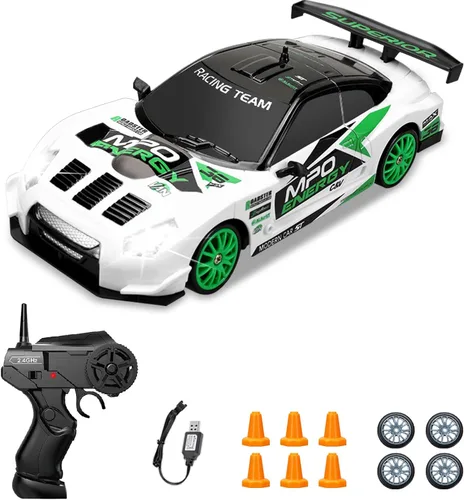 Coche a Control Remoto 2.4GHz 1:24 Escala 4WD Coche RC de Derrape 15KM/H Coches RC de Derrape de Alta Velocidad con Luces Geniales, Dos Baterías y
