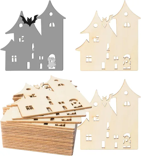 Casa de fantasmas en blanco de Halloween, casa embrujada de madera, fantasma de madera con cordeles, adornos inacabados para Navidad, boda, fiesta