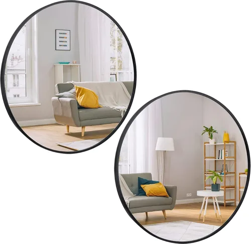 ZenStyle Espejo de pared circular de 24 pulgadas x 2 pulgadas, color negro, espejo de baño con marco de metal grande con ganchos prefijados para un