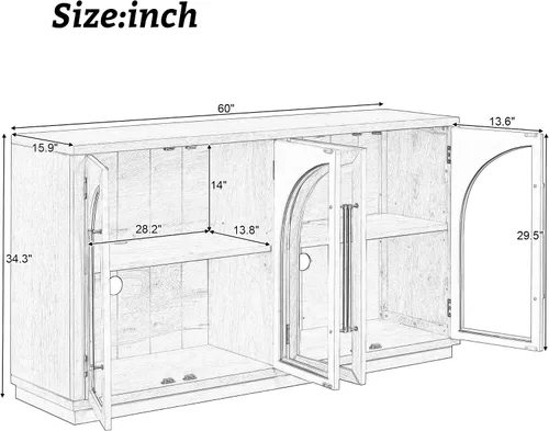 Miniatura 2 de SOFTSEA Tablero de tamaño de 60 pulgadas con puertas de vidrio arqueadas, aparador moderno de mediados de siglo con estantes ajustables para sala
