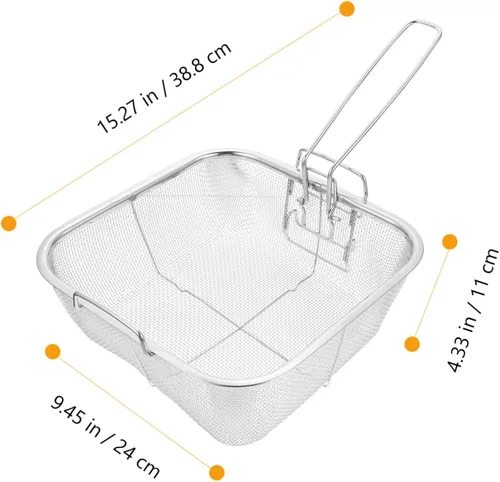 Miniatura 6 de Hemoton - Cesta cuadrada de acero inoxidable con asa de 15.27 x 9.44 x 4.33 pulgadas para papas fritas, drenaje de aceite, freidora de cocina, olla