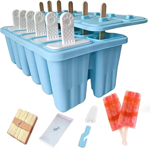 Moldes de silicona para paletas con palitos de 12 cavidades, molde para helado con cepillo limpio, 12 varillas reutilizables, 50 varillas, 50 Azul