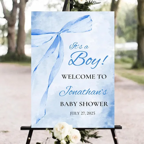 Letrero de bienvenida personalizado para baby shower, lazo azul, niño, cinta de acuarela, minimalista, PVC, 18 x 12 pulgadas, tamaño completo,