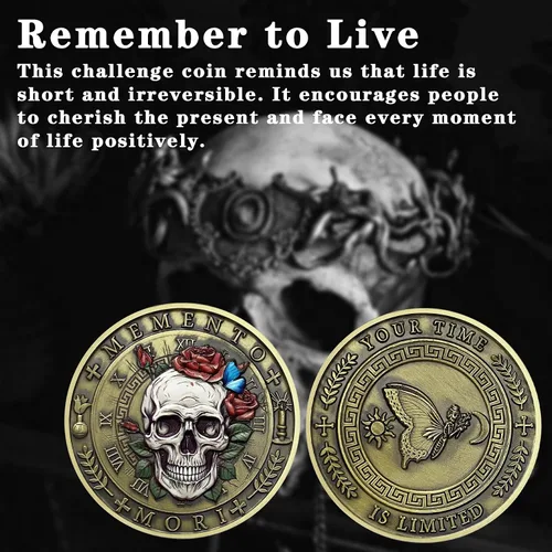 Miniatura 4 de Moneda Memento Mori Reloj de arena Cráneo Tiempo Mortalidad Moneda estoica Amor Fati Moneda Memento Vivere Carpe Cráneo Coleccionable Recuerdo
