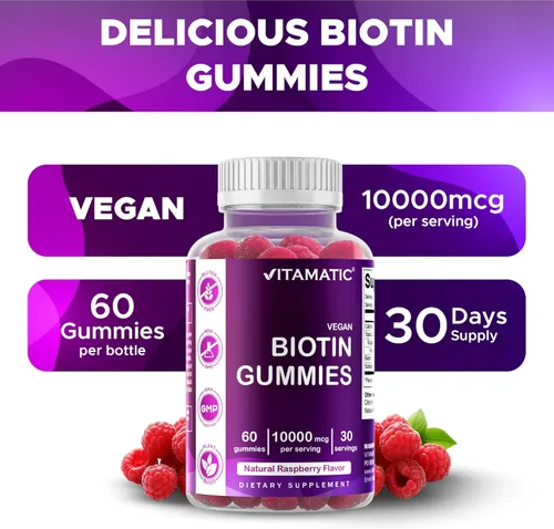 Miniatura 5 de Vitamatic Gomitas de biotina de 10,000 mcg para cabello más fuerte, piel y uñas, 60 gomitas veganas, también llamadas vitamina B7 (1 botella)