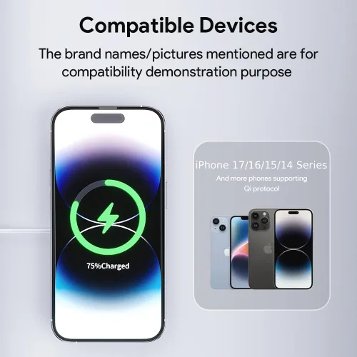 Miniatura 5 de Minthouz Cargador inalámbrico magnético rápido de 15 W, almohadilla de carga segura Mag compatible con iPhone 17 Pro Max/17 Pro/17, iPhone Plateado