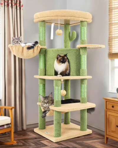 Miniatura 16 de Globlazer Árbol esquinero para gatos grandes, serie curvada de 66 pulgadas de alto, torre grande para gatos de interior con 6 postes rascadores, 2