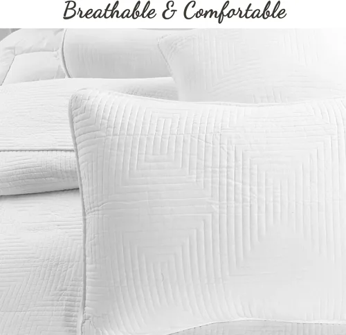 Miniatura 4 de Cozy Line Home Fashions Juego de ropa de cama de edredón de 100% algodón con puntada de cuadros, blanco sólido, cubrecama ligero para todas
