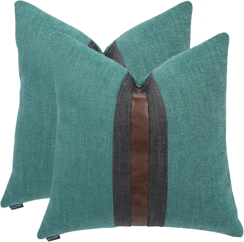 Miniatura 13 de Juego de 2 fundas de almohadas decorativas de cuero, decoración de exteriores, lino con parches, almohadas de cuero sintético marrón, funda