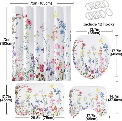 Miniatura 6 de Juego de 4 cortinas de ducha con alfombras antideslizantes, cubierta para tapa de inodoro y tapete de baño, cortinas de ducha de tela floral de 72 x