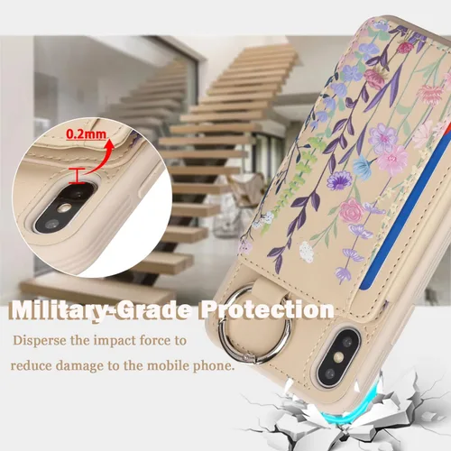 Miniatura 11 de Havaya Funda para iPhone Xs y iPhone X, cartera con tarjetero y llavero, soporte de anillo de piel sintética, diseño floral con ranuras