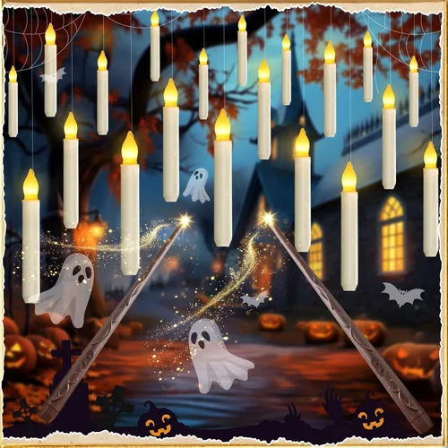 Miniatura 10 de Homemory Vela Flotante con Control Remoto de Varita, 12 Piezas Candelabros Mágicos Decoraciones de Bruja, Velas Cónicas Amarillas Cálidas Sin Llama