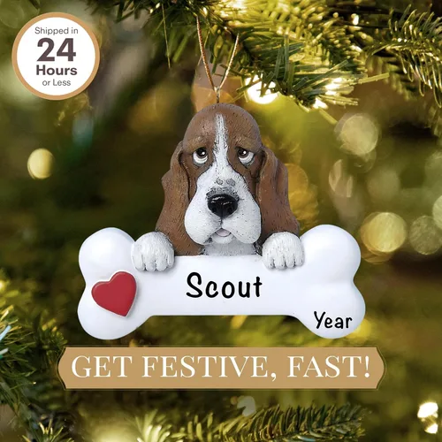 Miniatura 2 de Adorno personalizado de hueso de perro Basset Hound 2025 Personalización gratuita en 24 horas Adornos navideños grabados con láser del primer