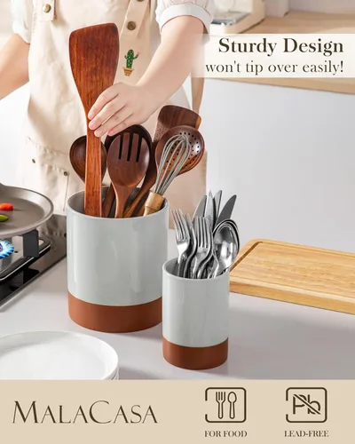 Miniatura 3 de MALACASA Portautensilios, Portautensilios de Cerámica para Cocina de 7.3"+5.5" pulgadas para Encimera, Recipientes Grandes para Utensilios de Cocina