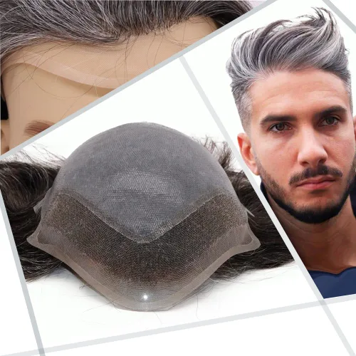 Miniatura 20 de Toupee - Peluca de cabello humano europeo con encaje frontal suizo y línea capilar natural para hombre, con piel sintética, sistema de reemplazo