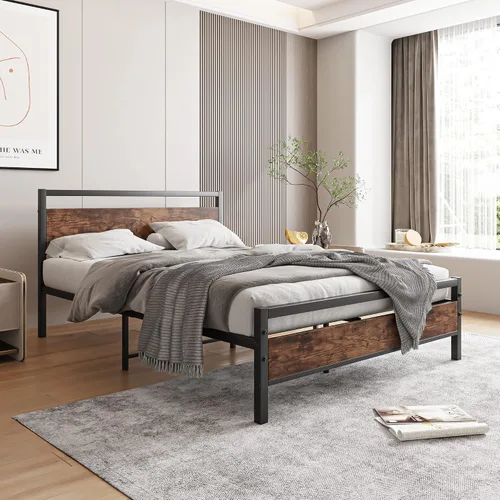 Miniatura 3 de HOJINLINERO Base de cama de tamaño matrimonial con cabecero, plataforma resistente, marco de cama de acero reforzado con plataforma de tubo Marrón