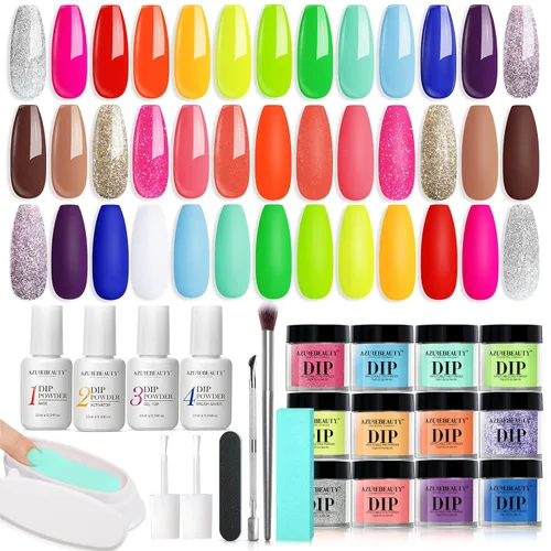 Miniatura 15 de AzureBeauty Kit de iniciación de polvo de inmersión para uñas, color azul, rojo, verde, purpurina, 31 piezas, 20 colores, polvo de inmersión
