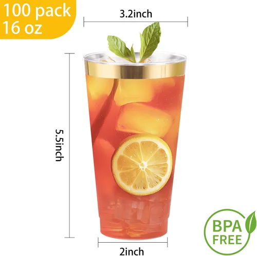 Miniatura 8 de DaYammi Paquete de 100 vasos de plástico dorados de 16 onzas, elegantes vasos de plástico transparente con borde dorado, desechables, copas de vino