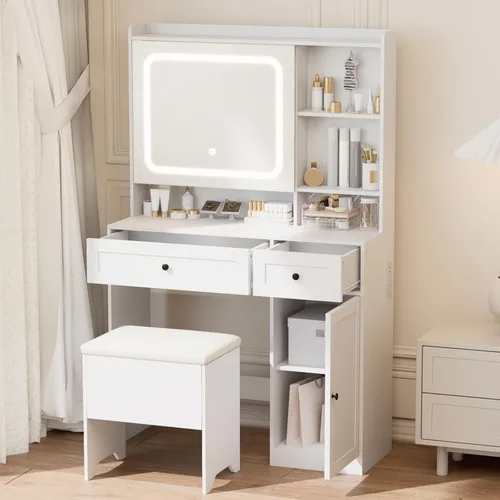 Miniatura 5 de Mesa de tocador con almacenamiento oculto y espejo LED, incluye taburete acolchado, 5 compartimentos, 2 cajones y 1 armario de almacenamiento, ideal