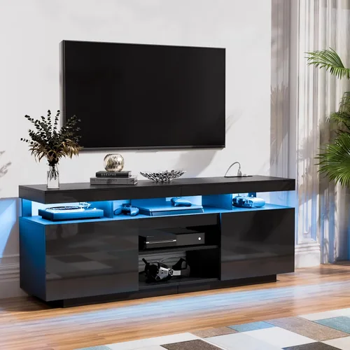 Miniatura 8 de HOMMPA Soporte de TV LED de 70 pulgadas con tomas de corriente, moderno centro de entretenimiento con luces LED para sala de estar, gabinete Negro