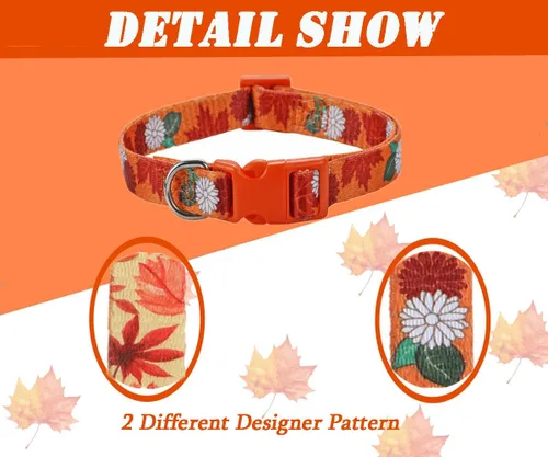 Miniatura 3 de Collar de otoño para perros pequeños, paquete de 2 collares de perro de Acción de Gracias con patrón de arce y flores, ajustable y suave de llevar