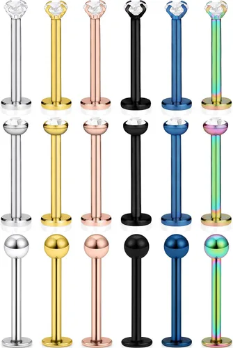 SCERRING - 18 piezas de acero inoxidable 0.56 oz (16 gr) de circonita cúbica transparente Labret Monroe para labio, tragus, cartílago, hélice,