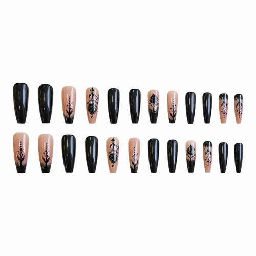 Miniatura 2 de MISUD Uñas Postizas - Uñas Largas Forma Ataúd con Pegamento en Negro Gótico, Diseño Acrílico Gótico de Rosa 24 piezas