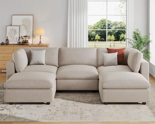 Miniatura 10 de VANOMi Sofá modular, cómodo sofá con marco de madera maciza de 3 asientos, sofá moderno certificado FSC para sala de estar, beige