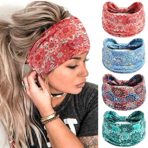 Miniatura 10 de FULZTEY Diademas bohemias para mujer, elegantes diademas con estampado floral, turbante de nudo ancho, elástico, para yoga, correr, entrenamiento