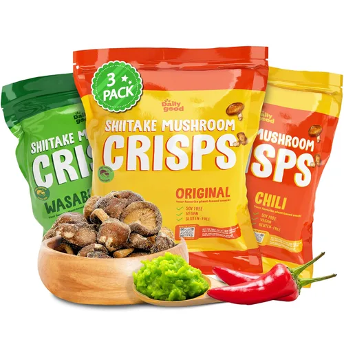 The Daily Good Shiitake Crisps - Paquete de 3 chips de hongos, sin gluten, sin OGM, sabores original, wasabi y chile mexicano, alimentos y