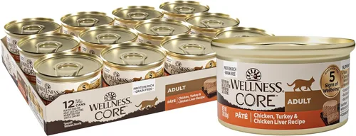 Wellness CORE Pate - Alimento húmedo enlatado para gatos adultos, natural, rico en proteínas, sin granos, receta de pollo y pavo, 3 onzas, paquete