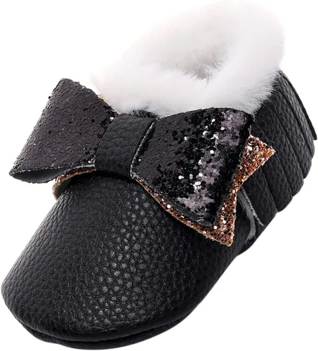 Botas para niños caminantes para niñas con lazo de nieve para primer bebé zapatos anchos de felpa para bebé color negro 0-3 meses