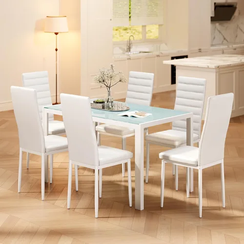 Miniatura 9 de Juego de mesa de comedor de cocina Bealife para 6, juego de mesa y sillas de 7 piezas de vidrio templado moderno para el hogar, cocina, sala