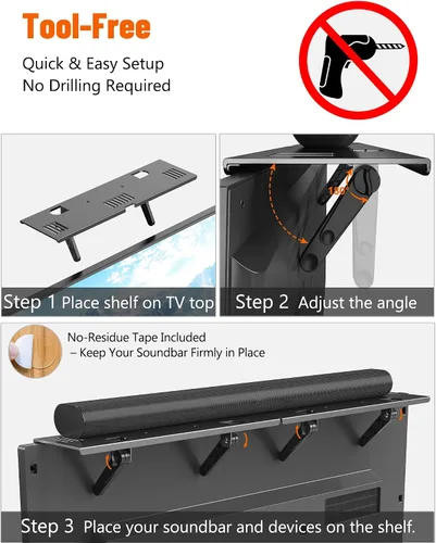 Miniatura 3 de Soporte para barra de sonido, estante superior de TV de acero sin perforaciones, se adapta a la mayoría de barras de sonido de hasta 15 libras