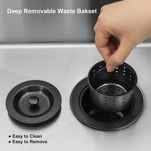 Miniatura 8 de LQS Conjunto de drenaje para fregadero de cocina, colador de fregadero de cocina con cesta de basura extraíble profunda, colador de cesta de Negro