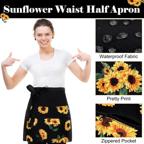 Miniatura 5 de Jetec 2 Pcs Waist Apron with 6 Pockets and Leather Server Book for Waitress Patterned Server Half Apron with Zipper for Women