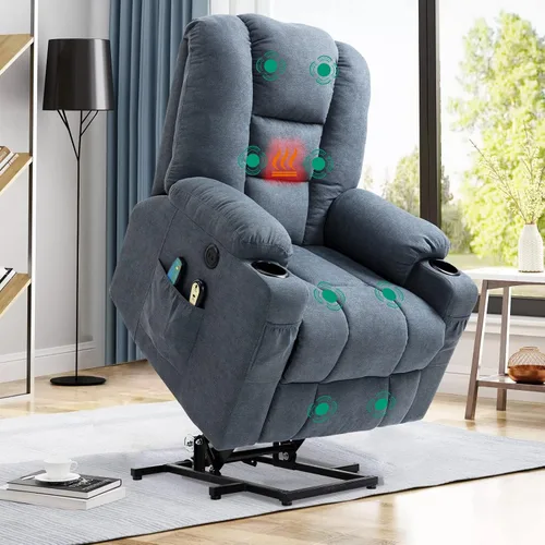 VIVIJASON Silla reclinable eléctrica para personas mayores con calefacción por vibración, masaje de tela suave, con 2 controles remotos, puertos Azul