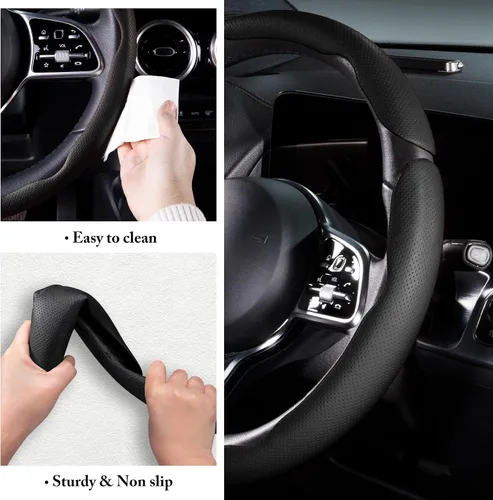 Miniatura 6 de Cubierta de volante de coche de cuero con cierre de presión de 3 piezas, juego de protector antideslizante y envolvente, accesorios para volante