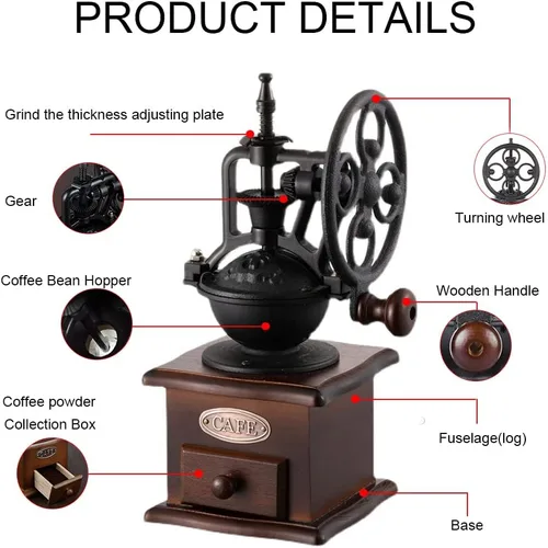Miniatura 3 de Molinillo de café de fresas, Molinillo manual de madera de estilo vintage, Molino de café clásico de prensa francesa con cepillo Manivela