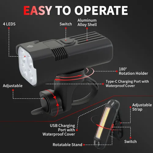 Miniatura 5 de Bike Light for Night Riding, 2000LM/1000LM Bicycle Headlight & Taillight, Multiple Modes,3000mAh/2000mAh USB C Rechargeable Waterproof LED Bright