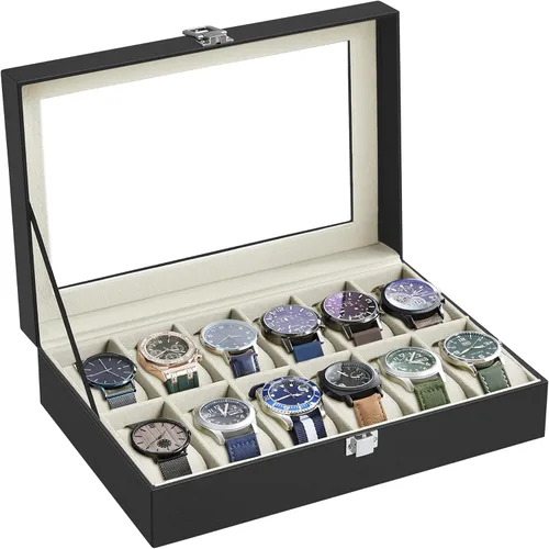 SONGMICS Watch Box, 12-Slot Watch Case with Large Glass Lid, Removable Watch Pillows, Watch Box Organizer, Gift for Loved Ones, Black Synthetic