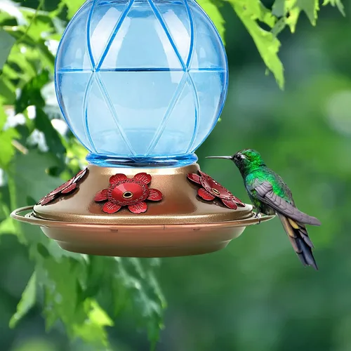 Miniatura 7 de BOLITE Comederos para colibríes para exteriores colgantes, comedero de vidrio para colibríes, comedero para aves silvestres con cinco puertos de azul