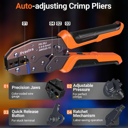 Miniatura 4 de Preciva Juego de herramientas de crimpado aislado con estuche de almacenamiento, kit de crimpadora de alambre de trinquete con 350 terminales