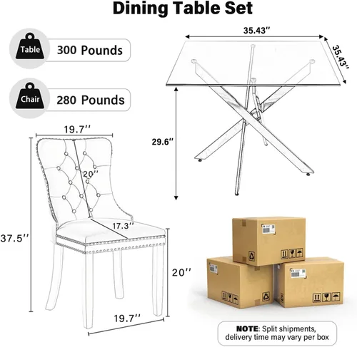 Miniatura 2 de Juego de comedor de 3 piezas con superficie de vidrio transparente, juego de comedor cuadrado minimalista moderno de 36'', juego de mesa de cocina