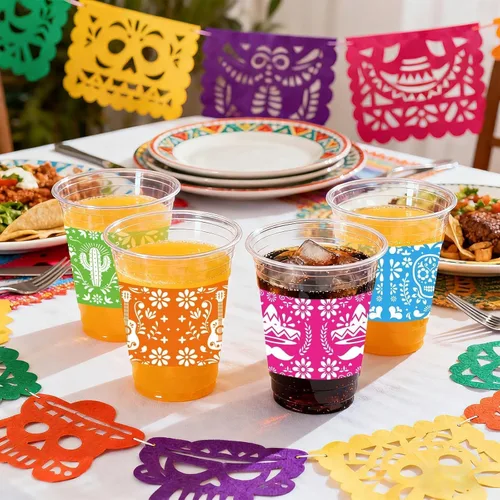 Miniatura 4 de 100 vasos de plástico de papel picado de 16 onzas, vasos de plástico para fiesta mexicana, sarape, vasos transparentes para taco, martes, carnaval