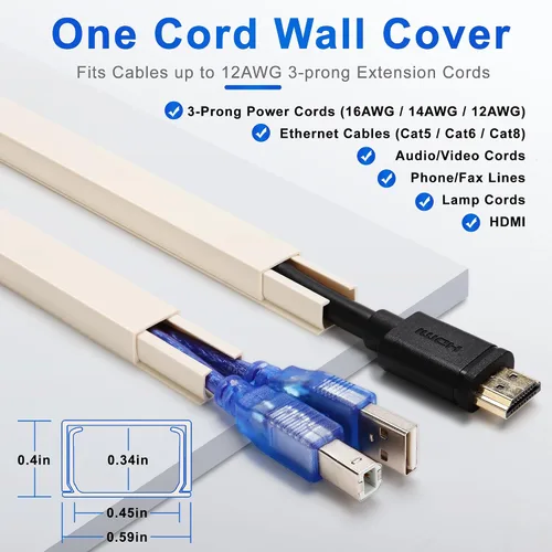 Miniatura 2 de Ocultacables de Pared para Un Cable, Cubiertas de Cable de Pared de 136 pulgadas, Kit de Cubierta de Cable de Instalación Fácil, Canaleta de Cables