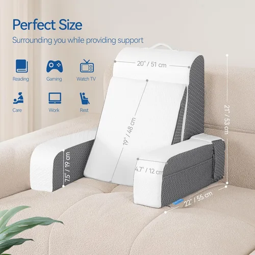 Miniatura 9 de Kayfia Almohada de lectura, almohada de espalda 10 en 1 para cama sentada con reposabrazos desmontable, almohada de respaldo con espuma
