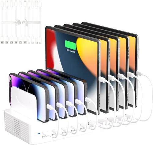 Miniatura 9 de Estación de carga de 100 W para múltiples dispositivos, estación de carga rápida USB de 10 puertos con divisores ajustables y 10 cables, base